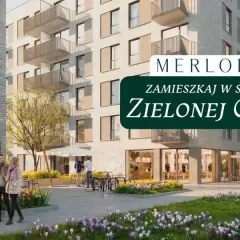 Nowoczesne osiedle z kawiarnią i ludźmi spacerującymi po zielonym dziedzińcu.