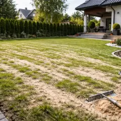 Piaskowanie trawnika w trakcie. Grabie i wiadro z piaskiem czekają na dalsze prace, by odnowić zieloną przestrzeń.