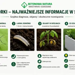 Objawy ziemiórek: więdnięcie roślin, żółknięcie liści, zahamowanie wzrostu. Zwalczaj muszki i larwy.