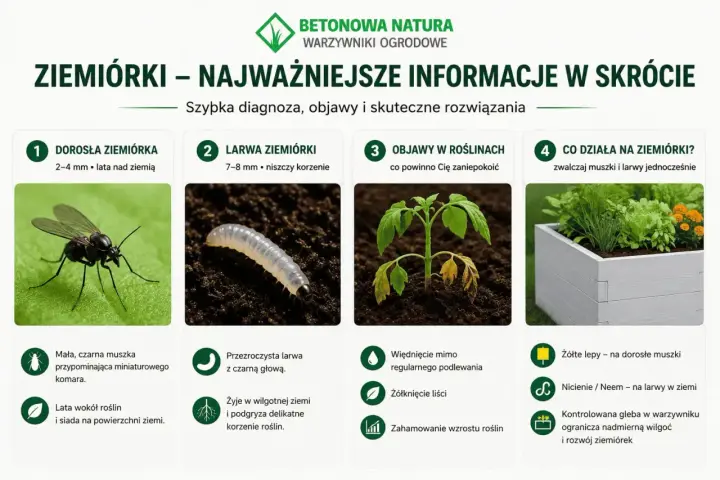 Objawy ziemiórek: więdnięcie roślin, żółknięcie liści, zahamowanie wzrostu. Zwalczaj muszki i larwy.