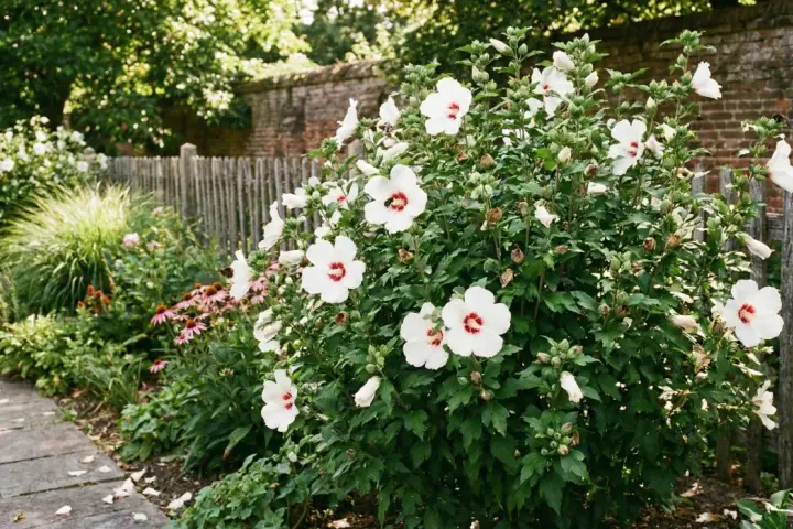 Kiedy sadzić hibiskusa ogrodowego? Krzew z białymi kwiatami i czerwonymi środkami, kwitnący latem, obok drewnianego płotka.