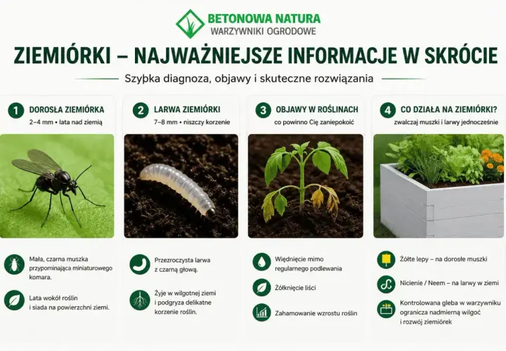 Objawy ziemiórek: więdnięcie roślin, żółknięcie liści, zahamowanie wzrostu. Zwalczaj muszki i larwy.