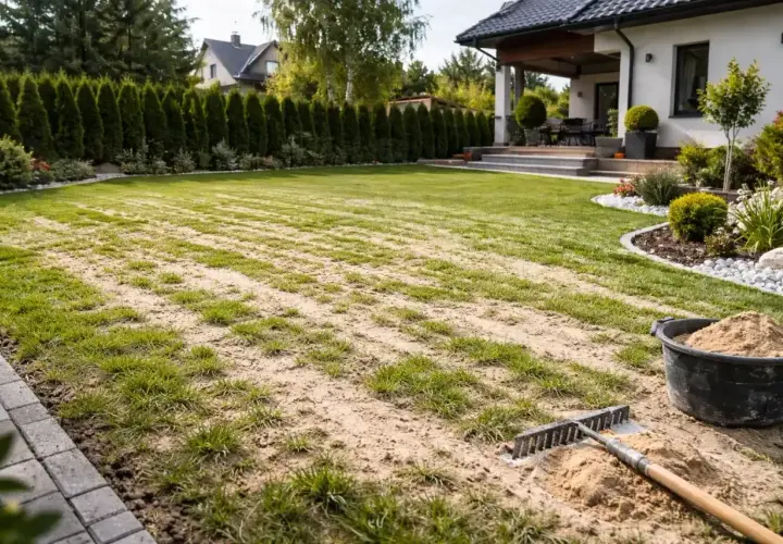Piaskowanie trawnika w trakcie. Grabie i wiadro z piaskiem czekają na dalsze prace, by odnowić zieloną przestrzeń.