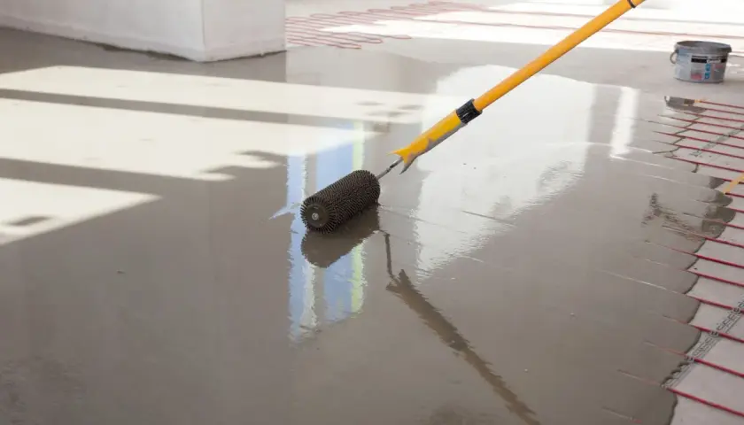 Wylewki anhydrytowe cena za 1m2. Wałek rozprowadza świeżą masę po podłodze z ogrzewaniem podłogowym.