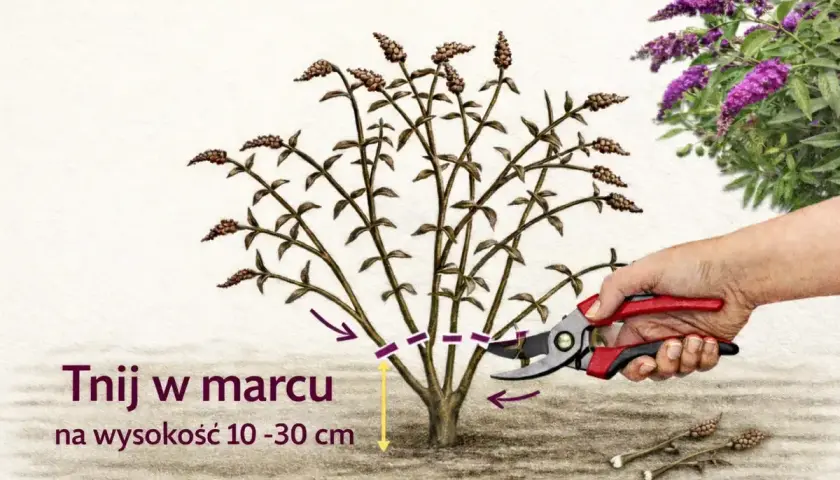 Kiedy sadzić budleję? Przycinaj ją w marcu na wysokość 10-30 cm, by pięknie kwitła.