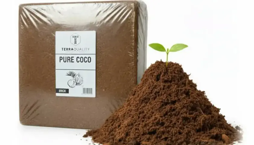 Kostka "Pure Coco" obok kopczyka ziemi z kiełkującą rośliną. Ile to taczek? To pytanie nurtuje każdego ogrodnika.