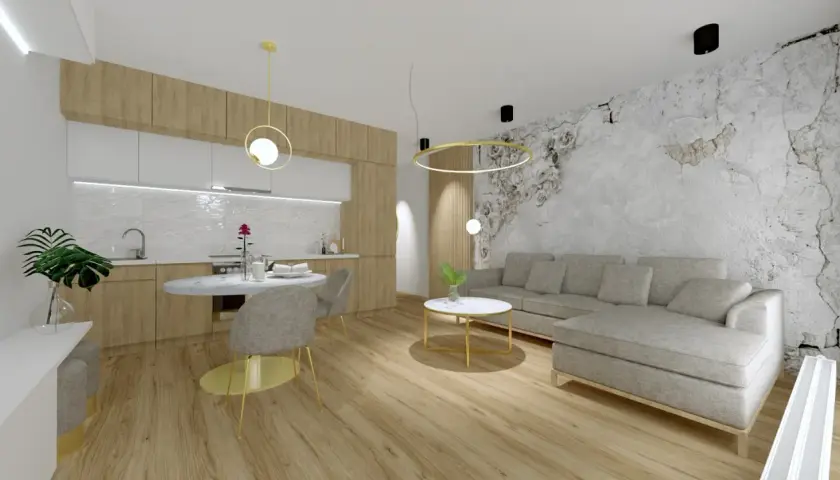 Nowoczesny salon z aneksem kuchennym, szara kanapa, drewniane meble, ozdobna ściana.
