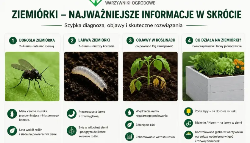 Objawy ziemiórek: więdnięcie roślin, żółknięcie liści, zahamowanie wzrostu. Zwalczaj muszki i larwy.