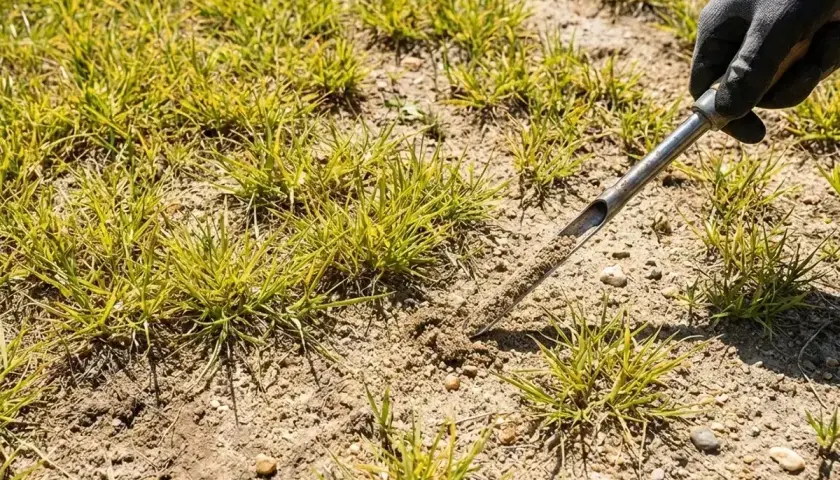 Rękawica z narzędziem pobiera próbkę gleby, by sprawdzić jej stan przed zastosowaniem nawozów organicznych.