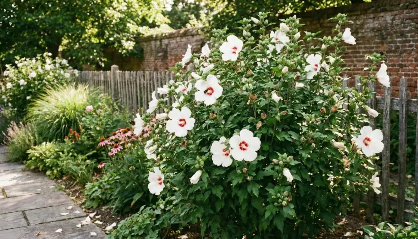 Kiedy sadzić hibiskusa ogrodowego? Krzew z białymi kwiatami i czerwonymi środkami, kwitnący latem, obok drewnianego płotka.
