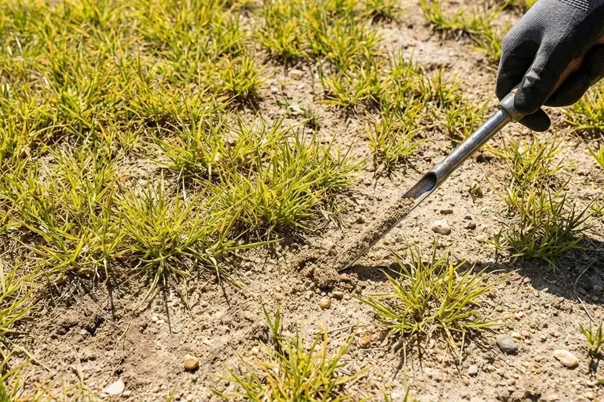 Rękawica z narzędziem pobiera próbkę gleby, by sprawdzić jej stan przed zastosowaniem nawozów organicznych.