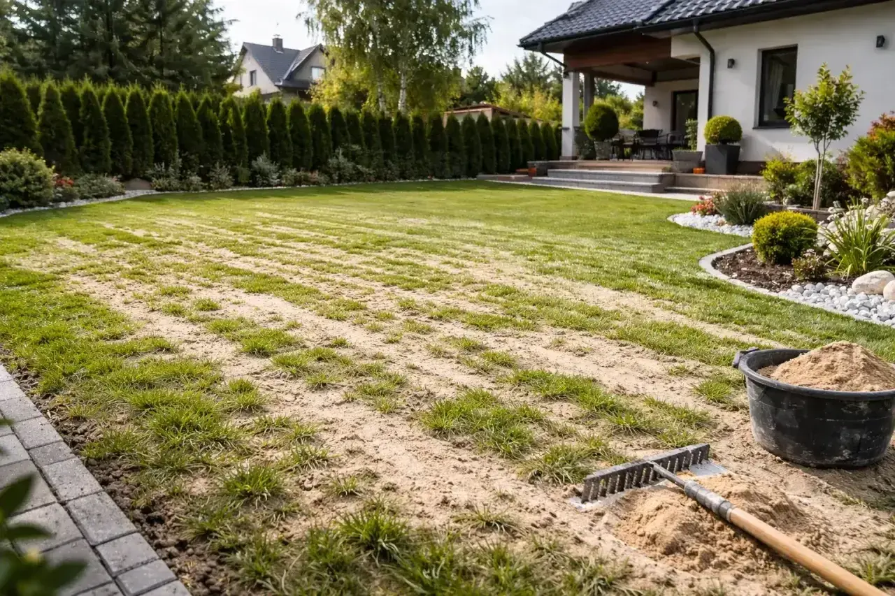 Piaskowanie trawnika w trakcie. Grabie i wiadro z piaskiem czekają na dalsze prace, by odnowić zieloną przestrzeń.