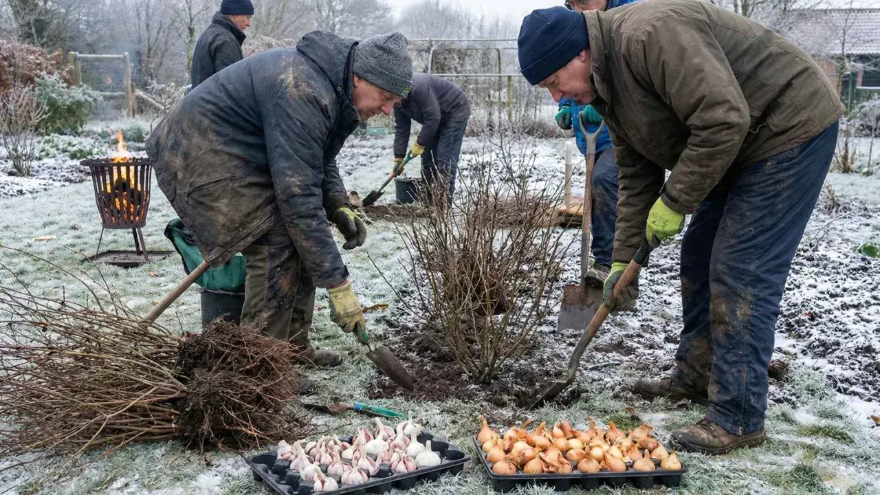 Mężczyźni sadzą czosnek w zimowy dzień. Widać łopatki, sadzonki i palenisko.