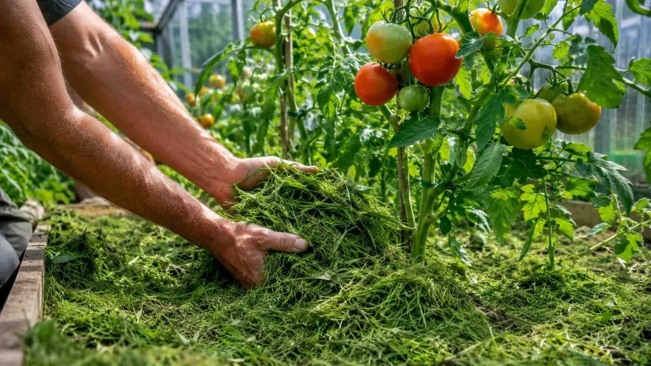 Ręce ogrodnika układają ściętą trawę wokół pomidorów. To naturalny sposób, czym podlewać pomidory, by utrzymać wilgoć i chronić korzenie.