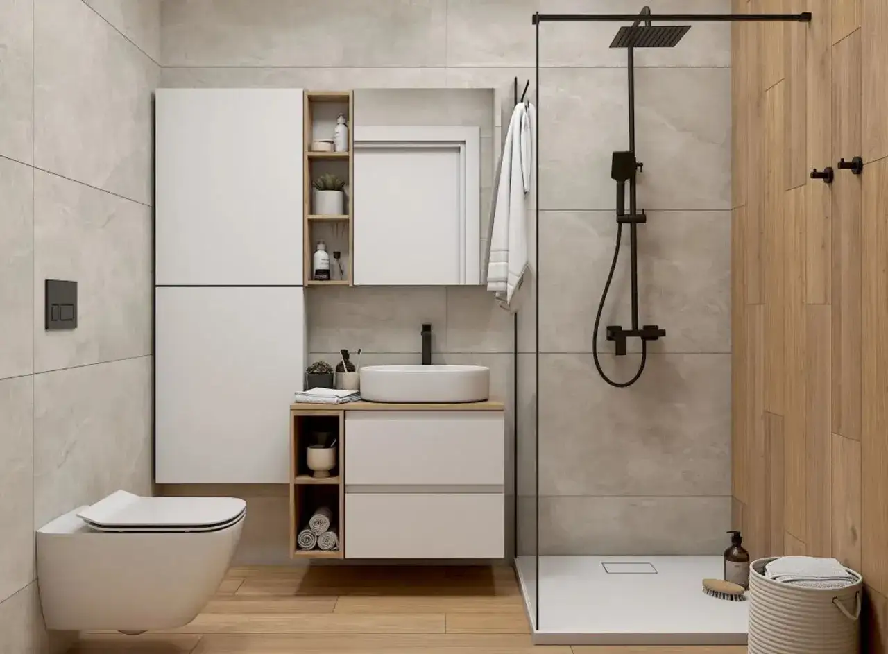 Nowoczesna łazienka z prysznicem walk-in i wiszącą toaletą. Estetyczne płytki 60x30 tworzą spójną całość, a drewniane akcenty dodają ciepła.
