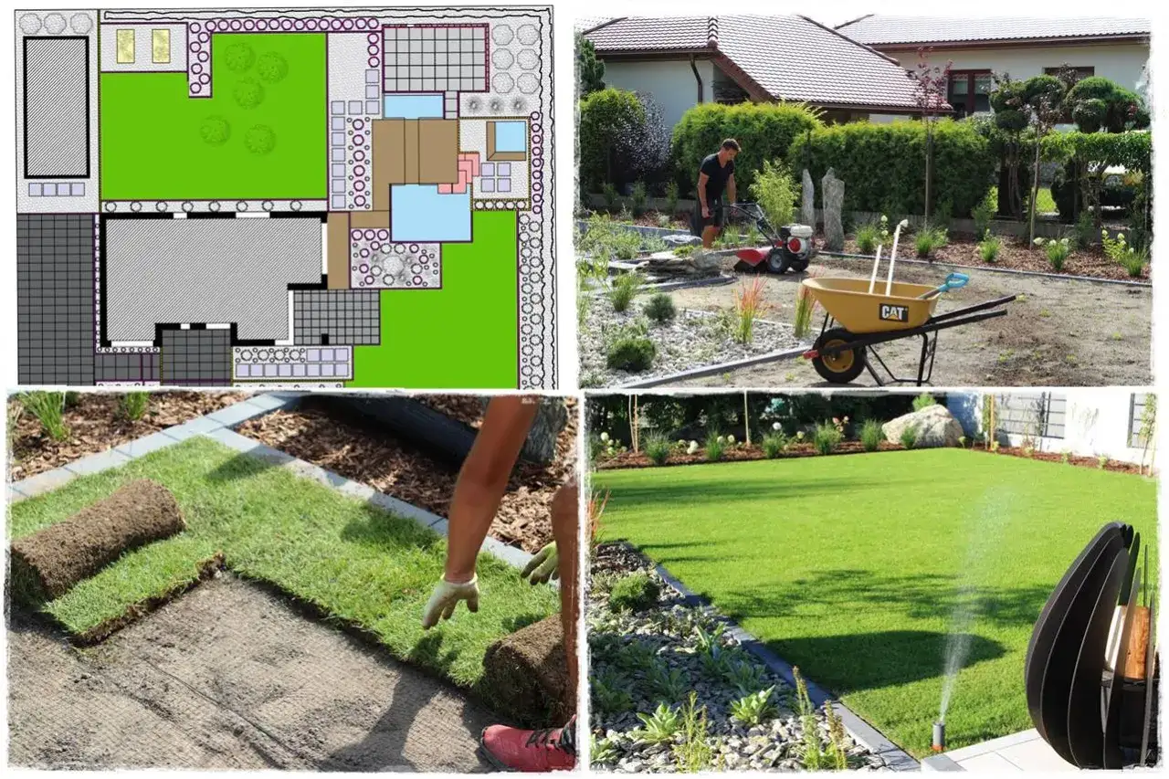 Plan ogrodu i prace nad zakładaniem trawnika z rolki. Widać przygotowanie terenu, układanie darni i gotowy, zielony dywan.